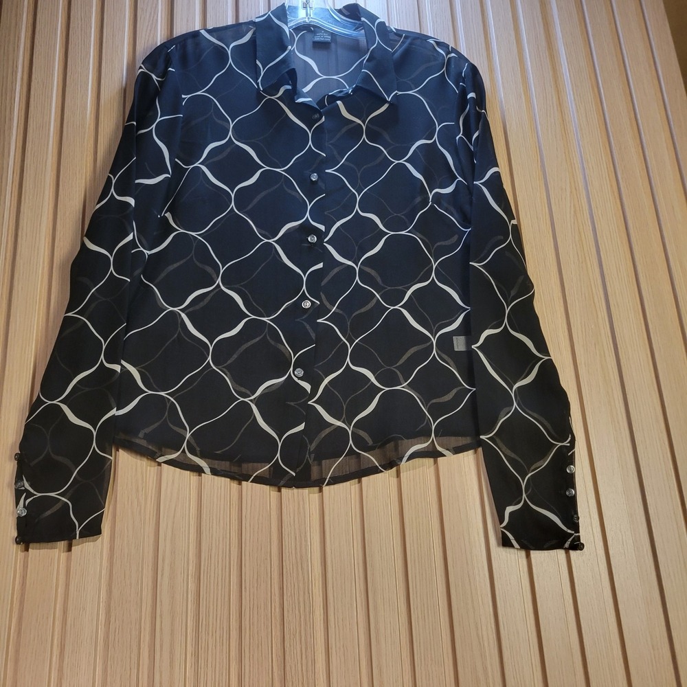 The Limited Silk Blouse Womens Small Black White Geometric Sheer Button Down Top